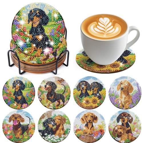 Dachshund Diamond Art Coasters - Cute Dog Diamond Painting Coasters Kit for Adult, 3D Rhinestone Gem Art Small DIY Crafts Kit for Women