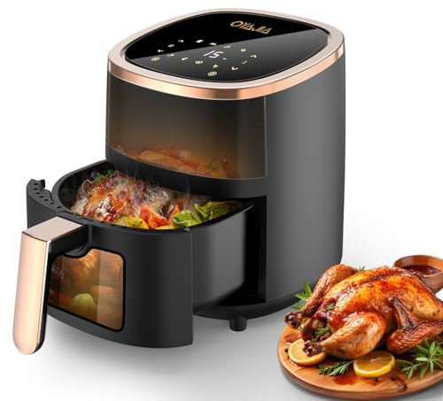 Heißluftfritteuse 6L Airfryer mit 8 Programme Rapid Air Heißlufttechnologie Touchscreen Sichtfenster Spülmaschinenfest Fritteuse ohne Öl Digital Grillen Backen Braten Schwarz