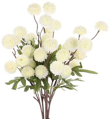 M METERXITY 6-Pack Artificial Chrysanthemum Ball Flowers 20 inch, White | Faux Chrysanthemum, Real Touch Faux Flowers, Silk Bouquets, 5-heads, for Home, Wedding, Christmas, Party