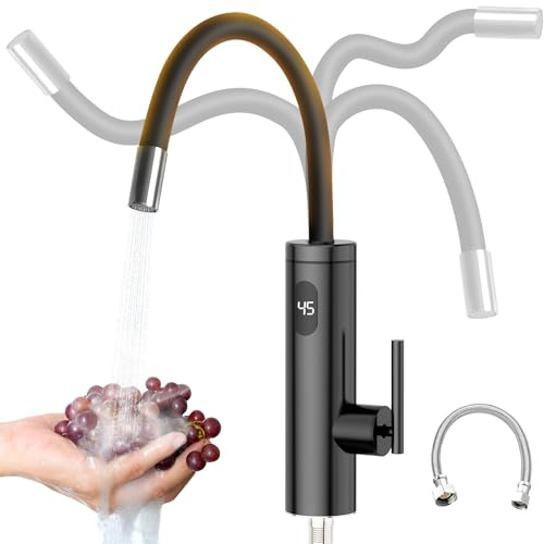 Robinet avec Chauffe-eau Instantané, 3300W Acier Inoxydable Mitigeur électrique avec Chauffe-eau Intégré avec 40cm Tuyau d'alimentation en Eau, 360° Flexible Rotatif, LED Température, Noir