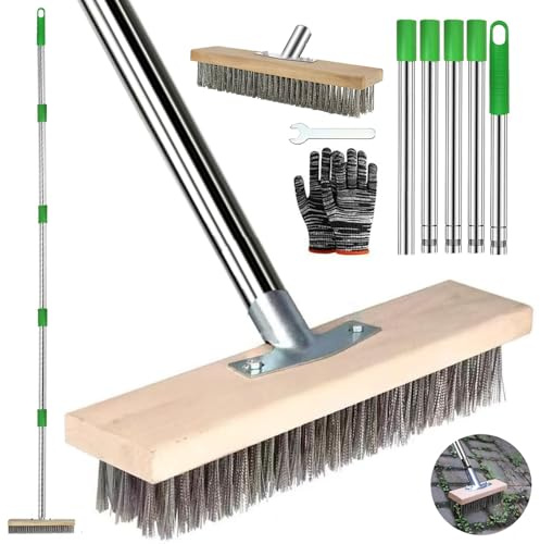 Drahtbesen mit Stiel 190cm, Drahtbesen zur Moosentfernung mit Stiel, Stahlbesen für Unkraut, Drahtbesen Bürste 30cm, Stahldrahtbesen, für Moos, Terrasse, Deck, Garten