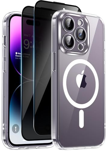 Helssitot Magnetisch Handyhülle Kompatibel mit iPhone 14 Pro Hülle Kompatibel mit MagSafe mit 2 Stück Sichtschutz Schutzfolie, [Nie Vergilbung] Hard PC Kratzfest Stoßfest Schutzhülle Durchsichtig Case