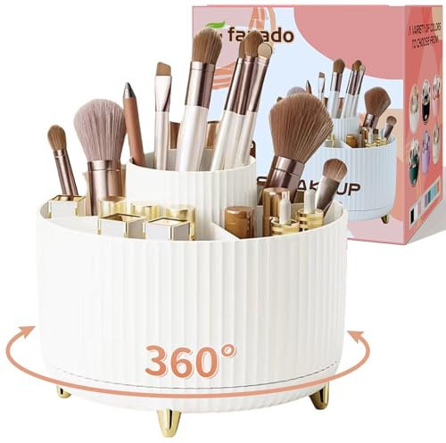 fanado 360° Rotating Makeup Organiser, Makeup Brush Holder, 5 Compartment Makeup and Skincare Storage for Vanity, Desktop, Bathroom (White)