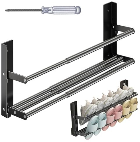 Schuhregal Wandmontage - 2 Ebenen Schuhhalter Wand Schuhregal, 37-67cm Ausziehbar Schuhablage Platzsparend für Badezimmer, Wohnwagen, Kann Im Schlafzimmer Und Wohnzimmer Verwendet Werden (Schwar)
