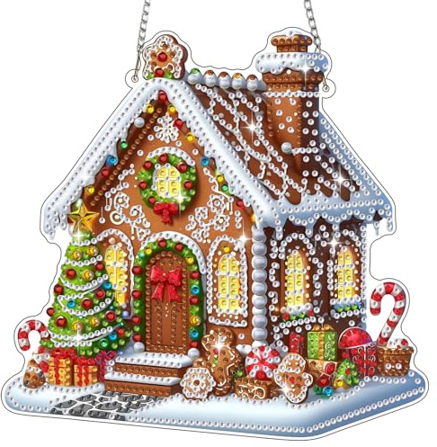 Bowetile Diamond Painting Anhänger Weihnachtshaus, Weihnachten Diamond Painting Fensterbilder für Erwachsene, Kinder Hängende Ornament Motive Bastelset für Wand Fenster Garten, Decor Geschenk
