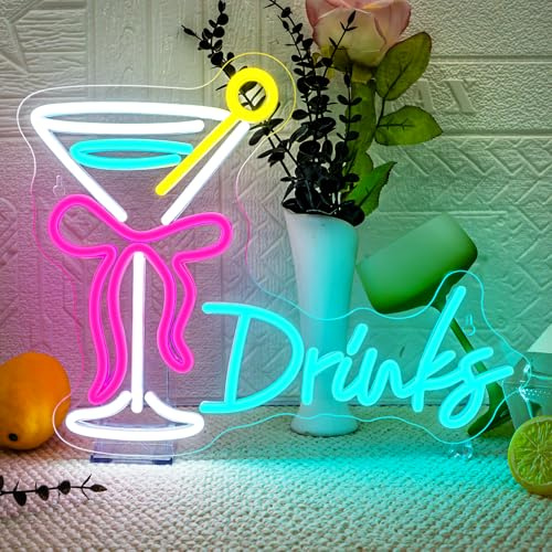 VYXIN Panneau néon pour boissons - Signe LED - Logo lumineux en forme de verre à cocktail avec boucle - Enseigne lumineuse applicable pour la décoration de lieux tels que bars, bars à cocktails, pubs