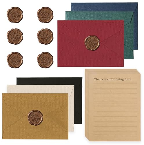 HaploS 22 Briefpapier Vintage Papier Mit 6 Leinenumschlag Umschläge | Kraftpapier Umschläge Set Mit 6 Wachssiegel 20 A5 Briefpapier Vintage Papier Für Geburtstag, Hochzeits Einladung Grußkarten