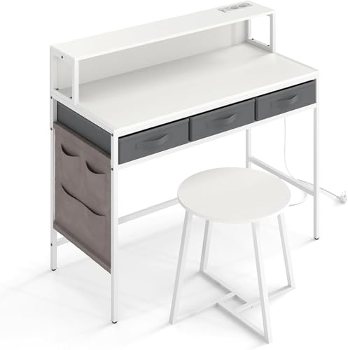 GIANTEX Escritorio de Ordenador con Soporte para Monitor, Mesa Gaming con Bolsa Lateral, 3 Cajones y Estación de Carga, Tocador de Maquillaje con Taburete, para Dormitorio, Oficina (Blanco)