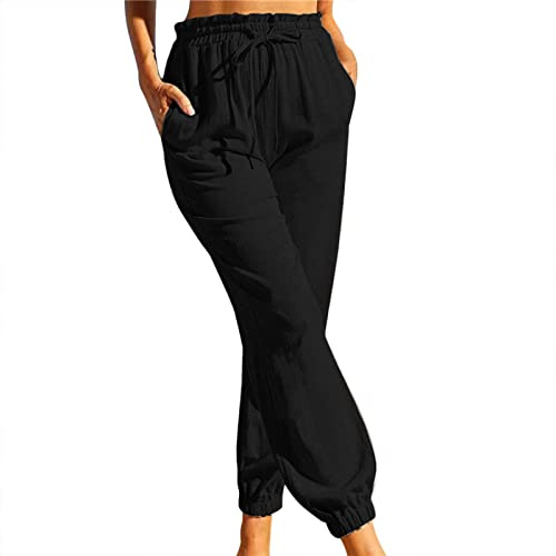 Générique Pantaloni in lino stretto, alla caviglia da donna, pantaloni da donna, in vita elastica, estivi, tinta unita, pantaloni con coulisse, pantaloni con due tasche, pantaloni primaverili estivi
