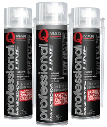 SET 3x Montageschaum mit Röhrchen Niederdruck 500 ml QMAR – Ganzjahres-Polyurethanschaum, Wärme- und Schalldämmend, Ergiebigkeit bis 45L, Professionelle Abdichtung