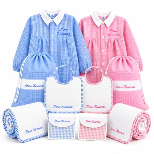 Ristohouse Kit Asilo Personalizzabile con Nome Ricamato – Grembiule Scuola Materna Bambino/Bambina con Sacca, Bavaglino o Asciugamano – Set Asilo 100% Cotone
