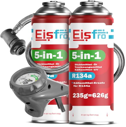 Eisfro - 5in1 - Air Conditioning Recharge R134a + Hose, 2x 235 g for Car AC containing Oil, Sealant, UV Dye and Desiccant – Protects the Compressor