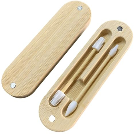 GUOYOU 2 Piezas Maquillaje Bastoncillos Oídos, Doble Punta Cotonetes, Fácil Limpiar Bastoncillos de Algodón con Estuche Bambú para Limpiar Los Oídos Maquillaje Teclados Manualidades