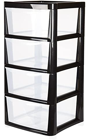 Large 4 Drawer Plastic Modular Storage Tower – Black Frame Design with Opaque Drawers – 87cm (H) x 39cm (W) x 39cm (D).