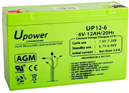 U-Power AGM batteri 6 V 12 Ah, VRLA blybatteri underhållsfritt, laddningsbart, Faston F1 (4,8 mm), för larmsystem, USV/UPS, säkerhet och elektronik