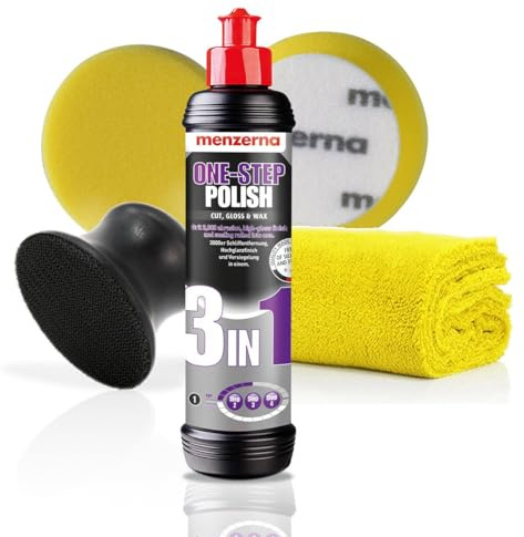 Detailmate Menzerna Handpolitur Medium Cut Set: 3 in 1 One-Step Polish 250ml + Hand-Polier-Applikator für 95mm Pads + Medium Cut Pad 95mm Mikrofasertuch 550GSM