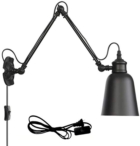 Schwarz Industrial Wandleuchte mit Schalter Retro Innen E27 Wandlampe Wohnzimmer Wand-Leselampen Verstellbar Metall Langer Arm 30+30cm, 1,8 m Kabel mit EU Stecker, für Schlafzimmer Bettseite Büro