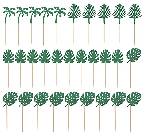 KINBOM 30 Pièces 4 Sortes Artificielles Feuilles de Jungle Faux Feuille pour Baby Shower Anniversaire, Tropical Hawaïennes Plage Fête, Animaux Safari Jungle Gateau Decoration (Vert)