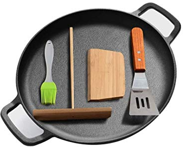 COTBY Skillet Saucepan 30cm Cast Iron Frying Pan,Induction Pot Nonstick Pancake Maker French Crêpe Pan 2 Handles with Batter Spreader Spatula Frying Pan