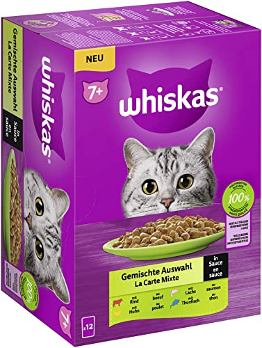 Whiskas 7+ Katzennassfutter – Gemischte Auswahl in Sauce, 12x85g (1 Packung) – Hochwertiges Feuchtfutter in 12 Portionsbeuteln für Katzen ab 7 Jahren und älter