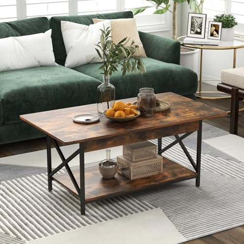 GOPLUS Mesa Baja de 2 Niveles Industrial con Patas Ajustables, Mesa de Centro Rectangular con Marco Metálico, Mesas de Café para Salón, Dormitorio, Oficina, 110 x 60 x 48 cm (Marrón)
