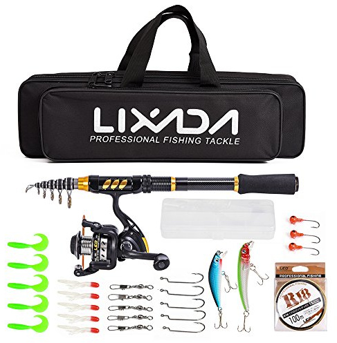 Lixada Fishing Rod Reel Combo Carbon Fiber Telescopic Fishing Rod Fishing Line Lures Hooks Jigs Swivels Saltwater Freshwater Travel Fishing Accessories Kit