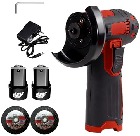 Amoladora Angular, Weytoll Amoladora Angular Sin Cable 12V con 2 Baterías de Iones de Litio de 1300 mAh y Cargador Incluye 2 Discos de Corte -Rojo