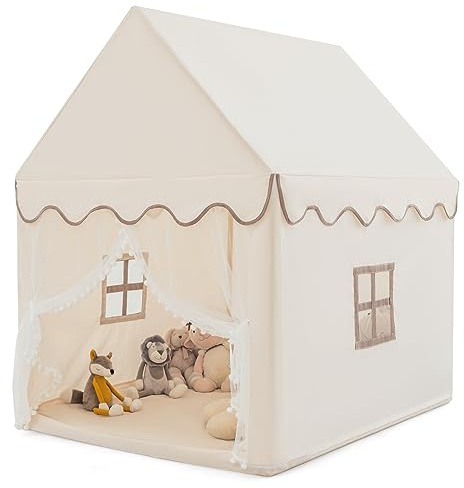 COSTWAY Tente de Jeux Enfant Intérieur Extérieur avec Tapis Antidérapant, Maison de Jeu en Château de Style Princesse en Coton, Cadre en Bois, 120 x 105 x 140 cm, Cadeau pour 4 Garçons et Filles