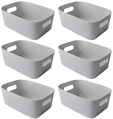 Mofeisor 6-Pack Grey Plastic Storage Basket, Kitchen Cupboard Storage Boxes, Small Bathroom Boxes Organisers with Handles, 4L