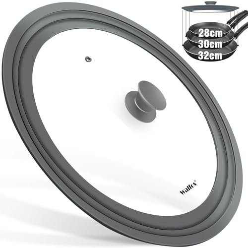 Walfos Tapa universal de 32, 30 y 28 mm de diámetro para ollas, resistentes al calor, con borde de silicona graduado, color gris, tapa para sartenes y ollas