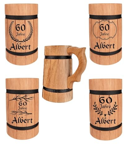Personalisierter Hochwertiger schlanker Bierkrug Holzkrug aus geölter Eiche - rustikaler Humpen-Krug (Alter)