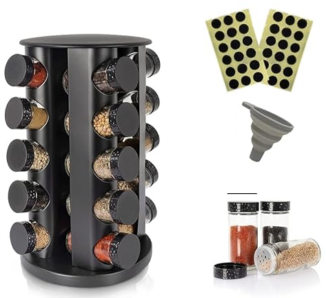 Wize Products - Black Countertop Rotating Spice Rack, 20 Empty-Jars Revolving Organiser 360°, Free Standing Round Carousel Tower, Spice Labels with Funnel for Kitchen Countertop