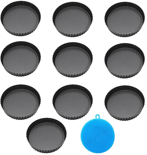 MEMOFYND 10 mini moldes para tartas con 1 cepillo de limpieza de silicona, molde de pastel de fondo extraíble, molde de pastel de acero al carbono