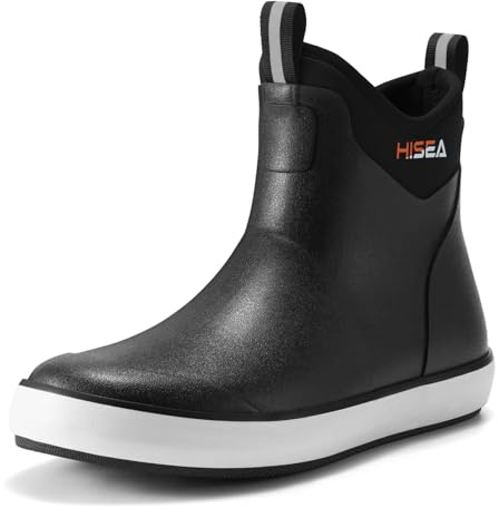 HISEA Men's Deck Boots Waterproof Fishing Rain Boots, Anti-Slip Neoprene Rubber Boots Saltwater Ankle Booties With High Traction for Outdoor Fishing Boating Sailing, Size 11 Black