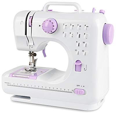 12 Stichmuster Nähmaschine für Kinder und Anfänger, Mini-Nähmaschine mit Fußpedal, Arbeitslicht, Zuhause, Nähmaschine für Einsteiger, DIY Begeisterte (505-Upgrade-Modell, Weißes lila)