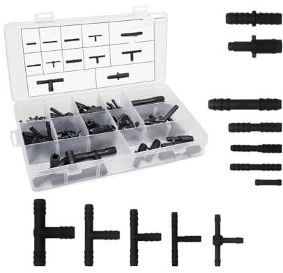 Changyeah Set di connettori a T, 113 pezzi, connettori per tubo, universale, a T, dritto, per tubi da giardino, collegamento (nero)