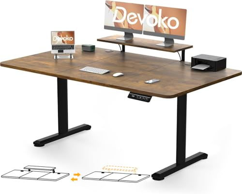 Devoko Höhenverstellbarer Schreibtisch 180×80cm mit Monitorständer | Schreibtisch Höhenverstellbar Elektrisch mit 2 Höhen Memory-Steuerung, Ergonomisches Sitz-Stehpult,Vintagebraun