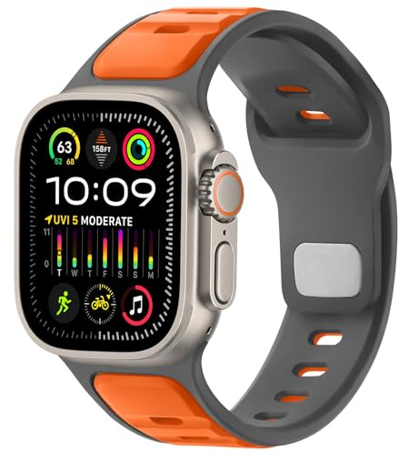 Anlinser Sport Straps Compatible with Apple Watch Strap 49mm 46mm 45mm 44mm 42mm for Men Women, Silicone Loop Band Designed for iWatch Ultra 3/2/1 Series 11 10 9 8 7 6 5-1 SE, Gray Orange