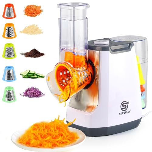 SUPERLEX Electric Grater Vegetable Slicer 5-in-1, with 5-Interchangeable Drum Blades, Cheese graters for Fruit and Vegetables Carrots Nuts Grater Kitchen