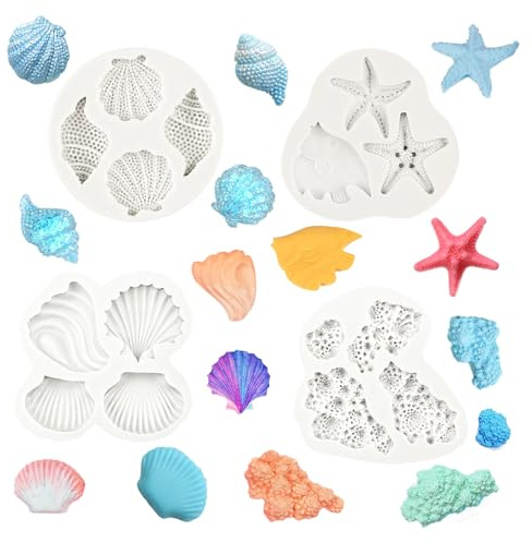 4 moldes de silicona con diseño de concha, estrella de mar, coral, temática marina, fondant, animales marinos, moldes de hornear para chocolate, caramelos, pasteles, cupcakes, galletas, arcilla