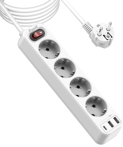 RoadZ Steckdosenleiste mit USB-Steckplatz, 6-Fach Steckdose mit 2 USB-A und 1 USB-C-Anschluss, 1,8 Kabel langes Verlängerungskabel mit Schalter, Überspannungsschutz-Steckdosenleiste, DE-Mehrfachstecke