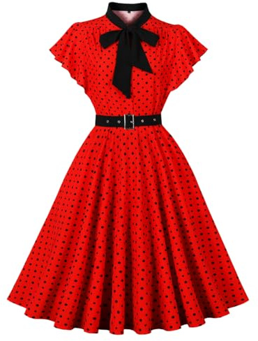 Wellwits Women's Ruffle Sleeves Bow Tie Polka Dots Vintage Dress