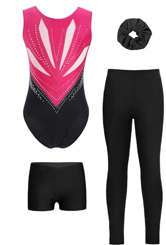 Miutii 4 delar. Gymnastikdräkt för flickor, glitter, gymnastikdräkt med shorts, byxor och hårsnodd, ärmlös, balettdräkt, gymnastik, leotard, skridskoåkning, danskostym, B mörk rosa och svart, 158-164