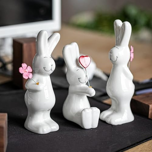 Kaezuy Keramik Osterdeko Hase 3 Stück Osterhasen Figuren Stehende und Sitzende, Osterhasen Figur Keramik Hasen mit Blumen und Herzen, Osterdeko Skulptur für Frühling Ostern