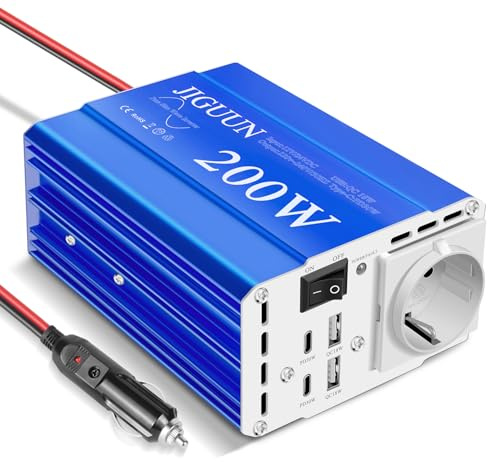 JIGUUN 200W Inverter 12V/24V 220V onda pura Trasformatore Potenza di picco 400W con 1 presa EU 2 porte USB 2 porte Type-C 30W per auto, campeggio, viaggi, emergenze