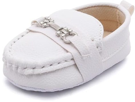Hapekey Baby's First Faux Leather Loafers - Soft-Sole Non-Slip Dress Shoes for Weddings & Baptism (0-18Months, Unisex) D001 White 11