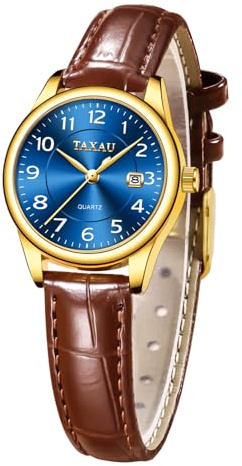Taxau Damenuhr Quarz Lederarmband, wasserdichte Armbanduhr mit Datum | Quarzwerk Damen Uhr, Elegante Leder Armband Analog Uhren für Frauen, Klassisch 29mm Gehäuse für Büro, Alltag
