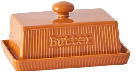250g Butterdose mit Deckel und Griff, rechteckige Butterglocke Keramic, Butterschale Spülmaschinenfest, Butterbox Butterbehälter Butterschatz im Landhausstil für Haus und Küche, Orange