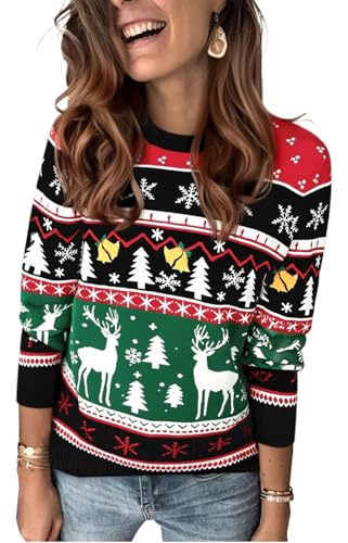 Saodimallsu Maglione Natalizio da Donna, con Scollo Rotondo, a Maniche Lunghe, Motivo Renne, Invernale, Casual, Caldo, A-Nero., S