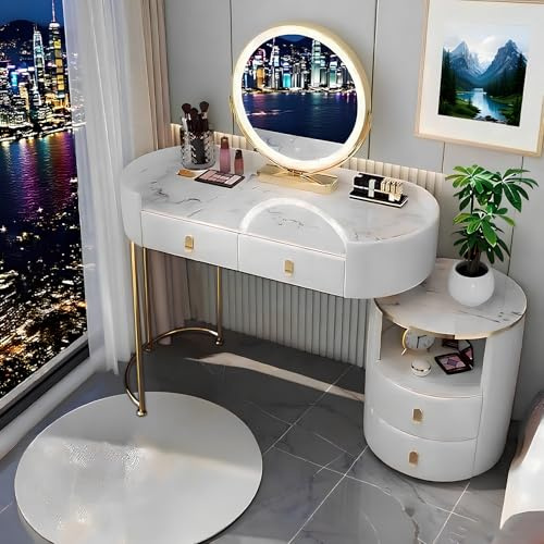 Stort sminkbord med LED-belysning, spegel och pall, 3 färger, justerbart sminkbord, toalettbord, flexibel montering, toalettbord för vardagsrum (vitt – utan stolar, 100 cm)